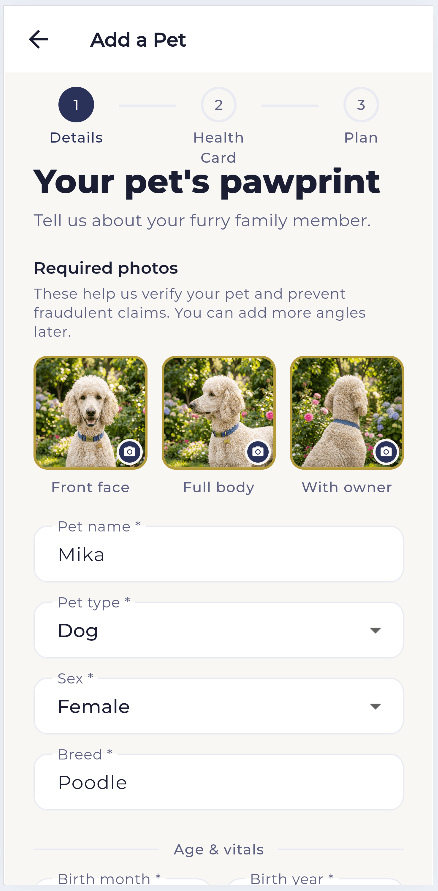 The first step of Add a Pet, asking for a front face, full body and with-owner photo, then the pet's name, type, sex and breed.