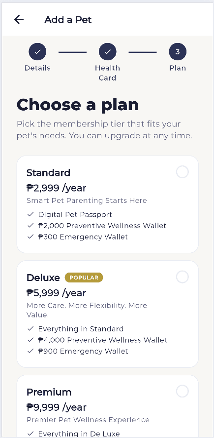 The plan step of Add a Pet, listing Standard, Deluxe and Premium with the benefit amounts each one includes.