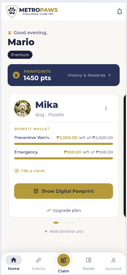 A MetroPaws dashboard showing a pet's card with its preventive wellness and emergency benefit balances, a File a claim link, and a Show Digital Pawprint button.