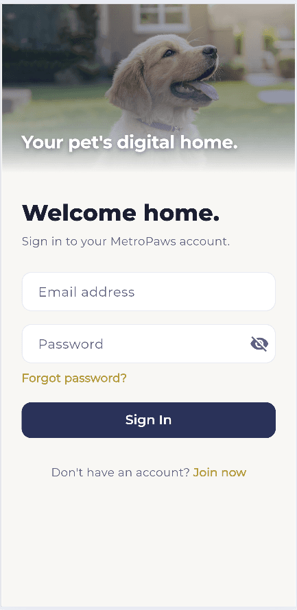 The MetroPaws sign in screen, with a Join now link at the bottom for people who do not have an account yet.