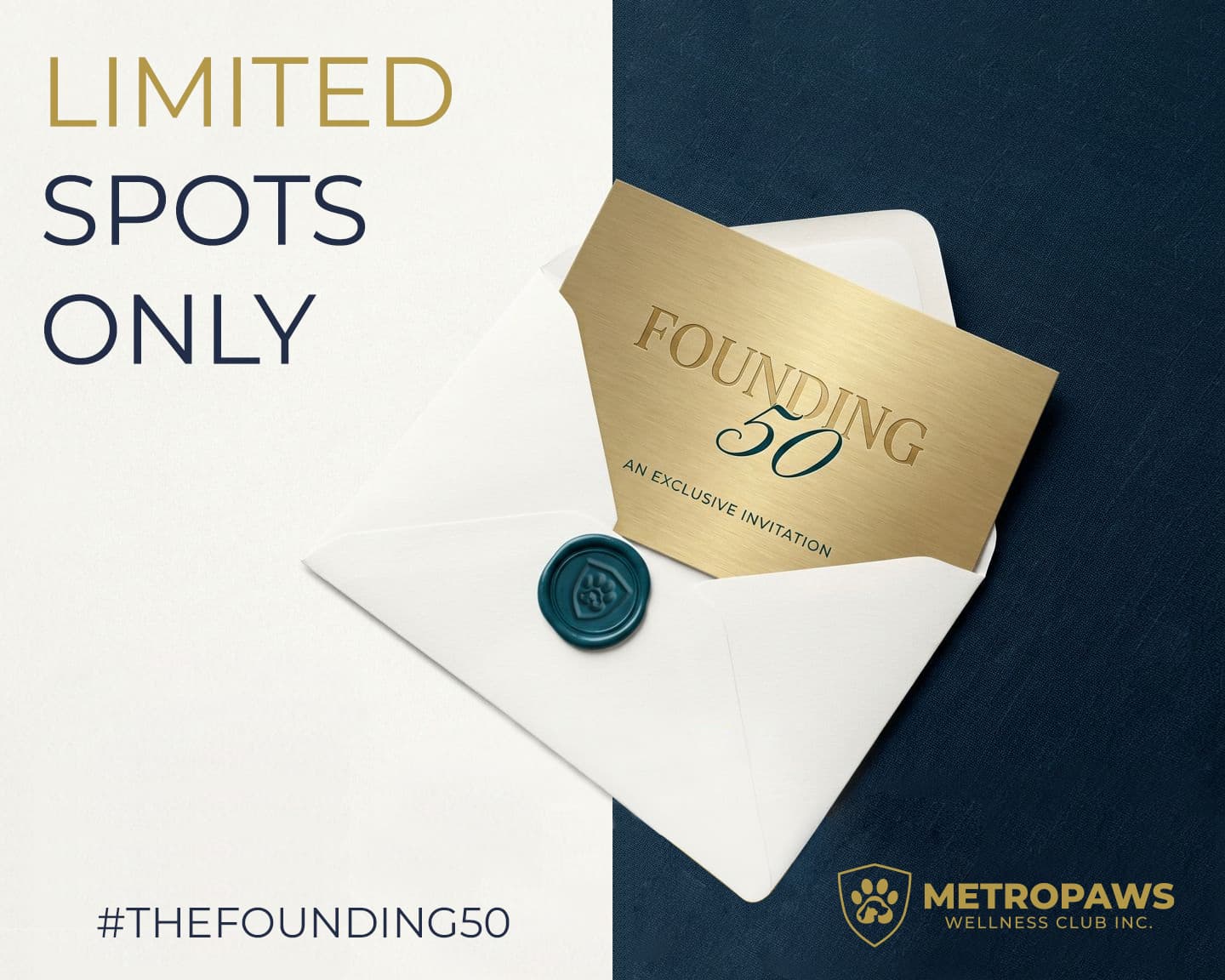 A gold foil invitation card in a wax-sealed envelope