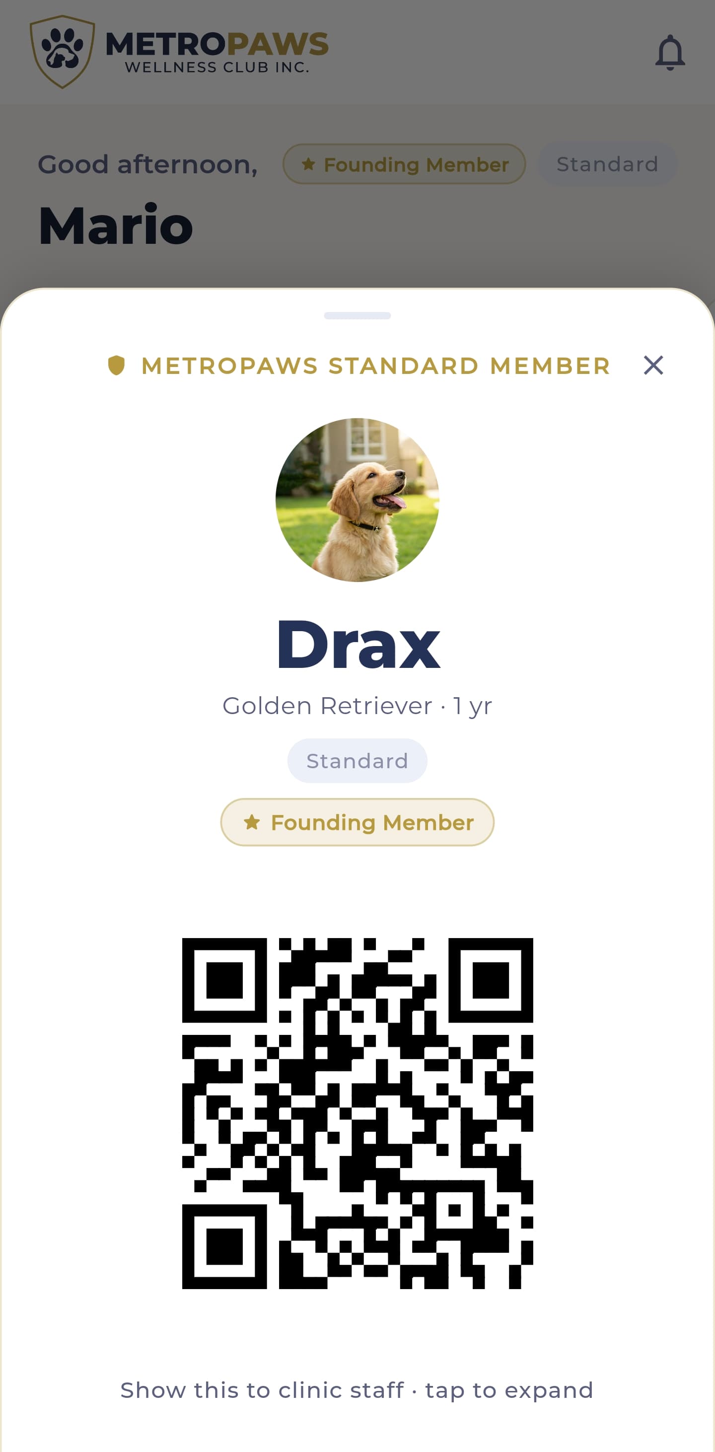 MetroPaws app: QR Pet ID screen shown to clinic staff